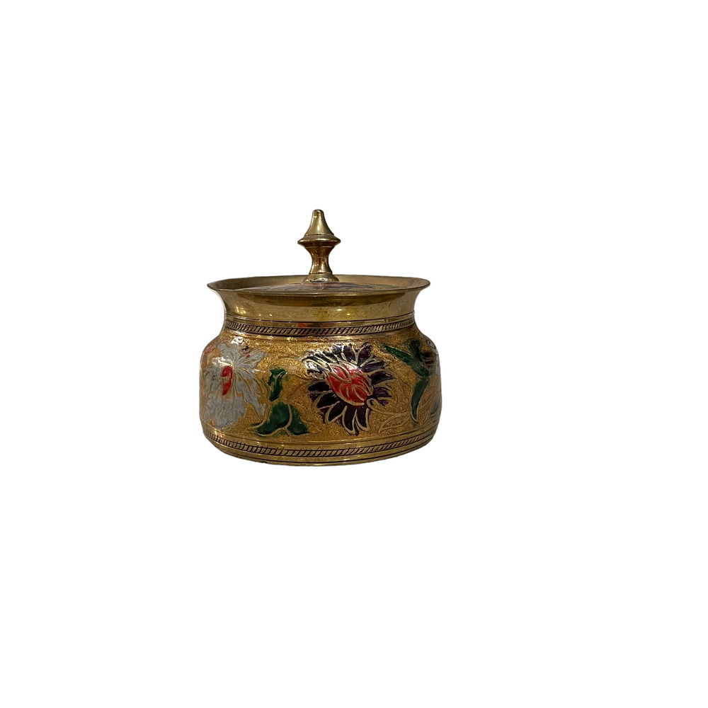 Vintage Brass‎ Chinese Cloissone Hand Painted Jar 2.5" Tall 3.5" Opening